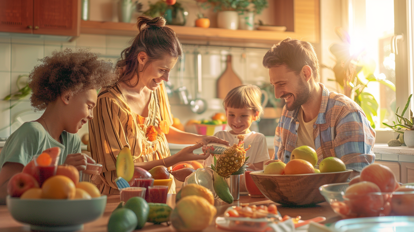 A cheerful family gathered around a kitchen table, sharing a variety of fruits. The table is filled with bowls of fresh fruit, smoothies, and a FruitBox gift. Everyone is smiling and enjoying the moment.