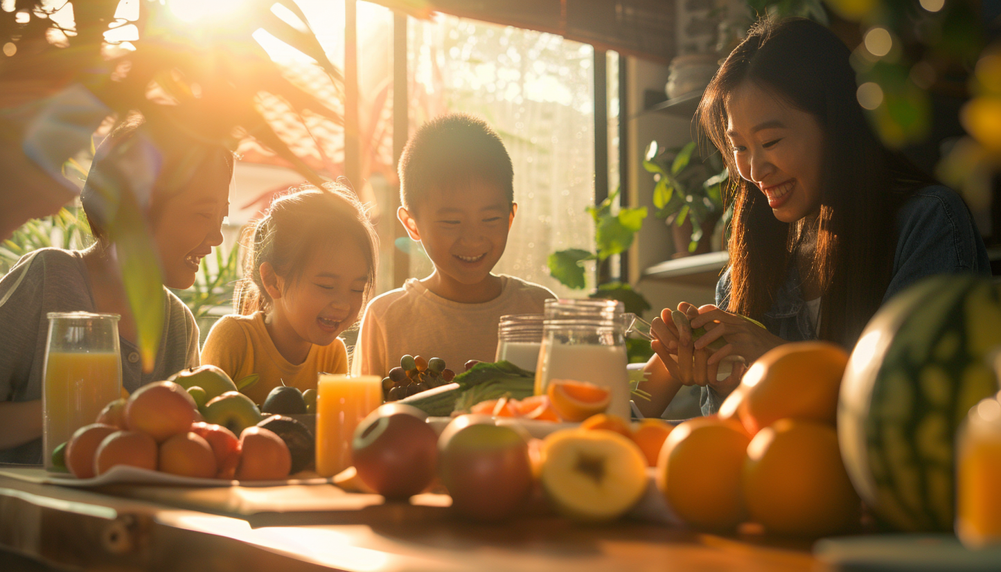 A happy Asian family enjoying fresh fruits and juices in a bright kitchen, showcasing a variety of healthy options from The Fruit Box. The parents and their young daughter share smiles and laughter, embodying the joy of healthy eating together.