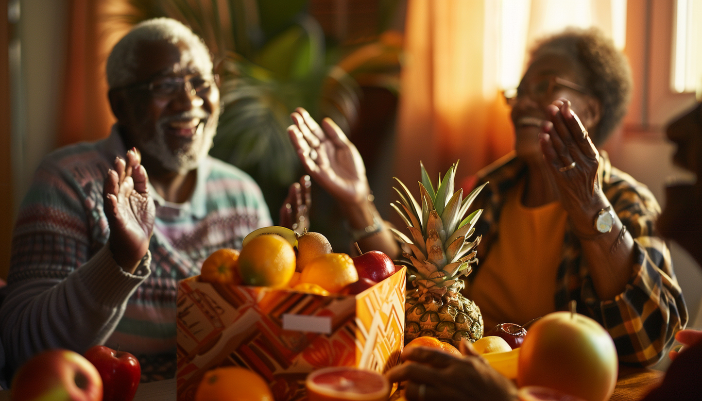 An elderly couple joyfully celebrating around a table filled with fresh, vibrant fruits from The Fruit Box. The scene is warm and heartwarming, emphasizing the happiness and togetherness that comes with sharing healthy, delicious gifts.