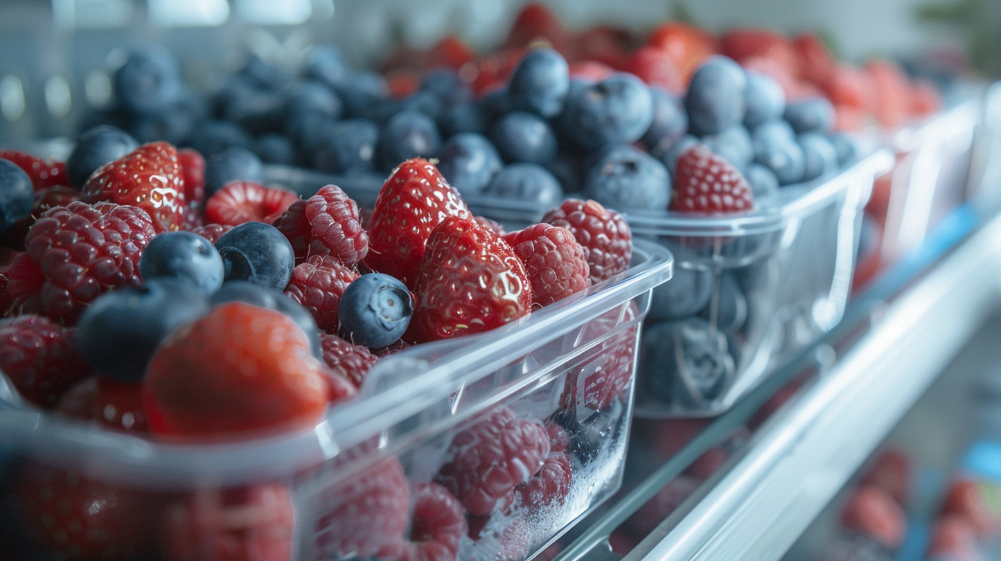 Containers of strawberries, blueberries, and raspberries neatly arranged in a refrigerator. The berries look fresh and plump.