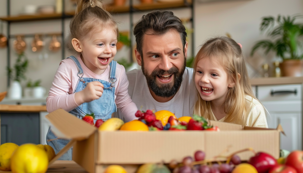 A delighted father and his two young daughters open a box filled with fresh, colorful fruits from The Fruit Box. The family beams with excitement, highlighting the joy and surprise of receiving a healthy, delicious gift.