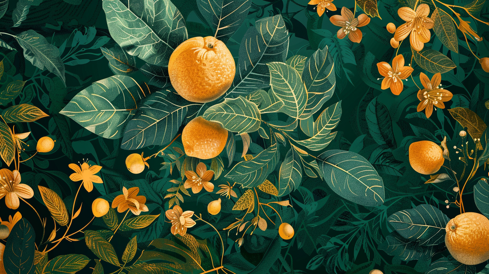 golden yellow fruits and green leafs pattern
