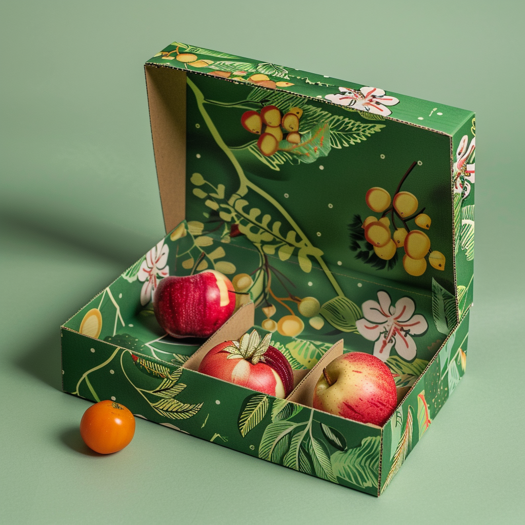 Open Fruit Box With Beautiful Pattern filled with fruit on green background other