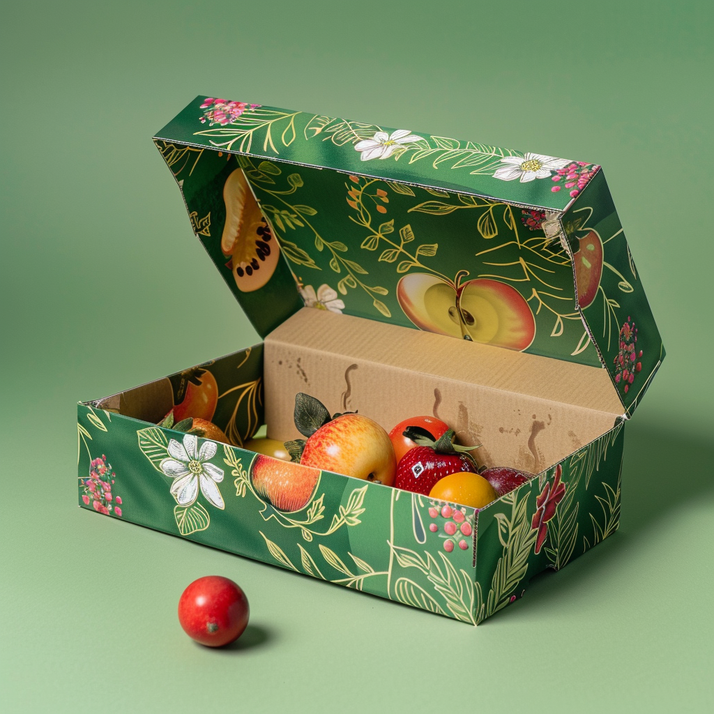 Open Fruit Box With Beautiful Pattern filled with fruit on green background New one 